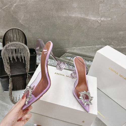 High Quality Luxury Amina Muaddi Rhinestone Buckle Heeled Slides – Style 26851 product detail