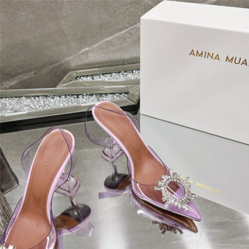 High Quality Luxury Amina Muaddi Rhinestone Buckle Heeled Slides – Style 26851 product detail