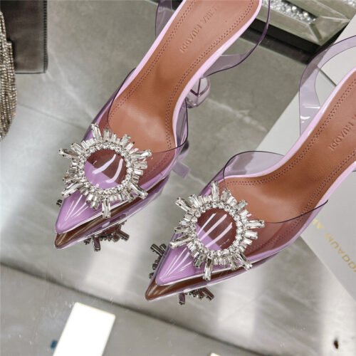 High Quality Luxury Amina Muaddi Rhinestone Buckle Heeled Slides – Style 26851 product detail