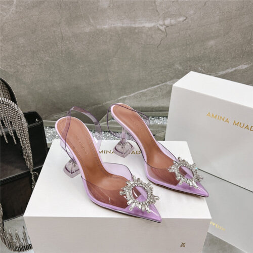 High Quality Luxury Amina Muaddi Rhinestone Buckle Heeled Slides – Style 26851 product detail