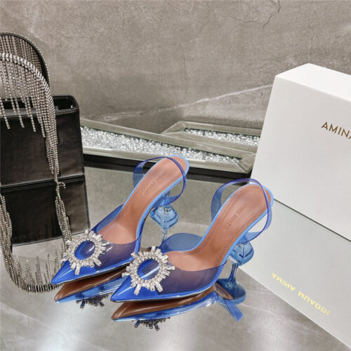 High Quality Luxury Amina Muaddi Rhinestone Buckle Heeled Slides – Style 25155