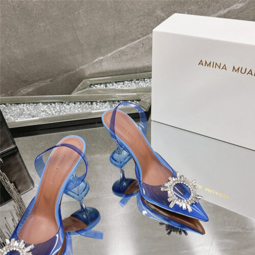 High Quality Luxury Amina Muaddi Rhinestone Buckle Heeled Slides – Style 25155 product detail