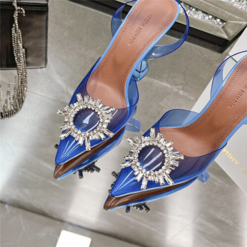 High Quality Luxury Amina Muaddi Rhinestone Buckle Heeled Slides – Style 25155 product detail