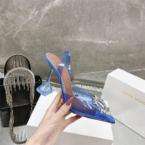 High Quality Luxury Amina Muaddi Rhinestone Buckle Heeled Slides – Style 25155 product detail
