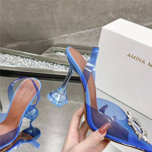 High Quality Luxury Amina Muaddi Rhinestone Buckle Heeled Slides – Style 25155 product detail