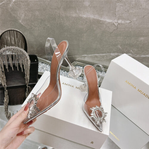 High Quality Luxury Amina Muaddi Rhinestone Buckle Heeled Slides alternate view