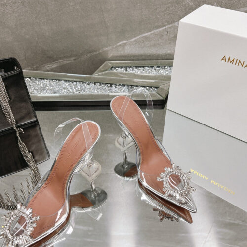 High Quality Luxury Amina Muaddi Rhinestone Buckle Heeled Slides product detail