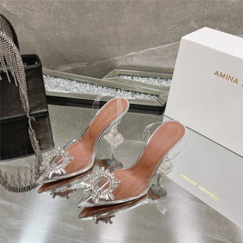 High Quality Luxury Amina Muaddi Rhinestone Buckle Heeled Slides