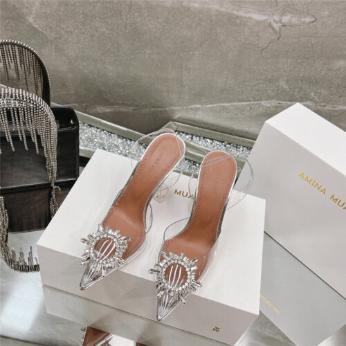 High Quality Luxury Amina Muaddi Rhinestone Buckle Heeled Slides product detail