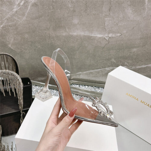 High Quality Luxury Amina Muaddi Rhinestone Buckle Heeled Slides product detail