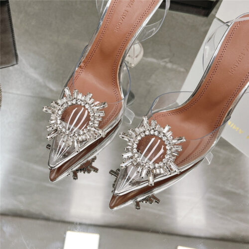 High Quality Luxury Amina Muaddi Rhinestone Buckle Heeled Slides product detail