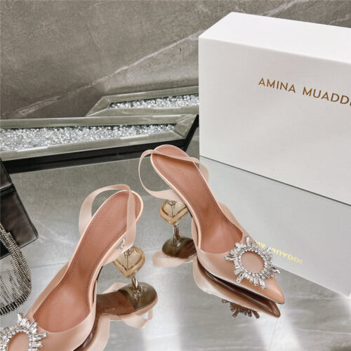 High Quality Luxury Amina Muaddi Rhinestone Buckle Heeled Slides – Style 21763 product detail