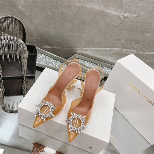 High Quality Luxury Amina Muaddi Rhinestone Buckle Heeled Slides – Style 21763 product detail