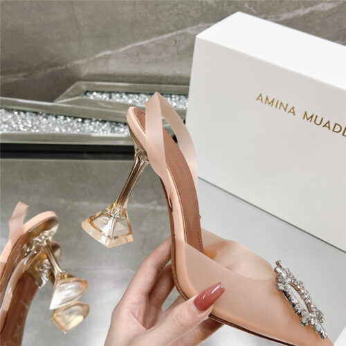 High Quality Luxury Amina Muaddi Rhinestone Buckle Heeled Slides – Style 21763 product detail
