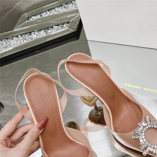 High Quality Luxury Amina Muaddi Rhinestone Buckle Heeled Slides – Style 21763 product detail