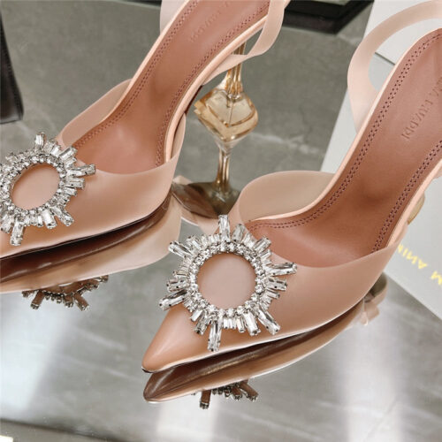 High Quality Luxury Amina Muaddi Rhinestone Buckle Heeled Slides – Style 21763 product detail