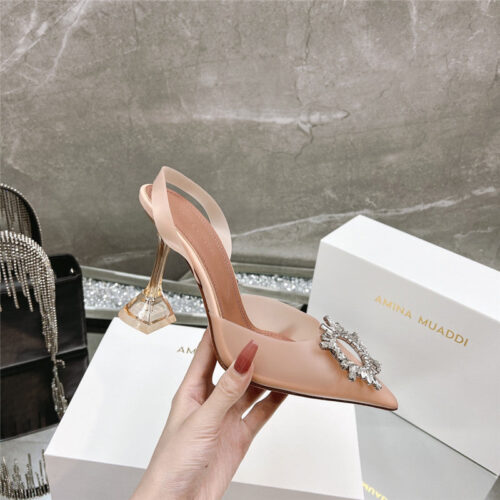 High Quality Luxury Amina Muaddi Rhinestone Buckle Heeled Slides – Style 21763 product detail