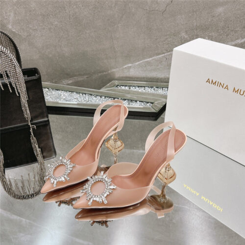High Quality Luxury Amina Muaddi Rhinestone Buckle Heeled Slides – Style 21763