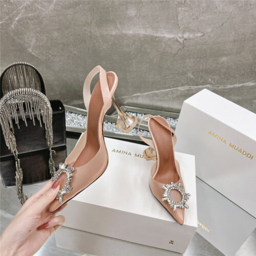 High Quality Luxury Amina Muaddi Rhinestone Buckle Heeled Slides – Style 21763 alternate view