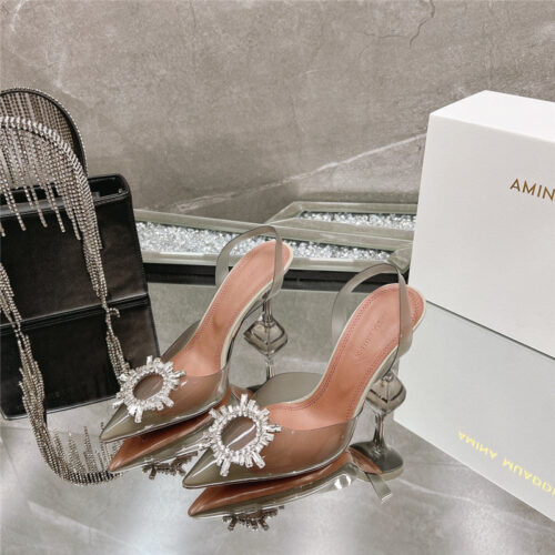 High Quality Luxury Amina Muaddi Rhinestone Buckle Heeled Slides – Style 49443