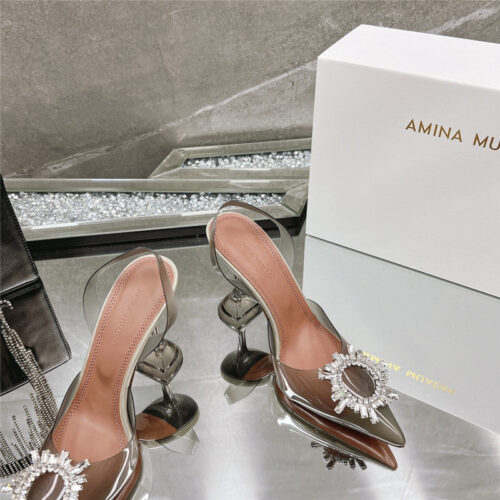 High Quality Luxury Amina Muaddi Rhinestone Buckle Heeled Slides – Style 49443 product detail