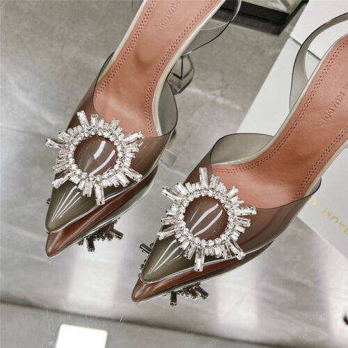 High Quality Luxury Amina Muaddi Rhinestone Buckle Heeled Slides – Style 49443 product detail