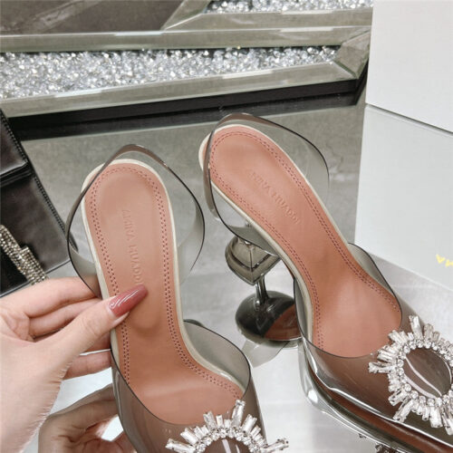 High Quality Luxury Amina Muaddi Rhinestone Buckle Heeled Slides – Style 49443 product detail