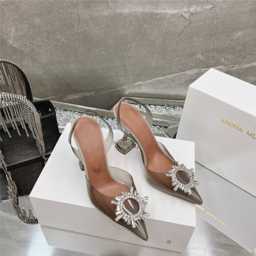 High Quality Luxury Amina Muaddi Rhinestone Buckle Heeled Slides – Style 49443 product detail