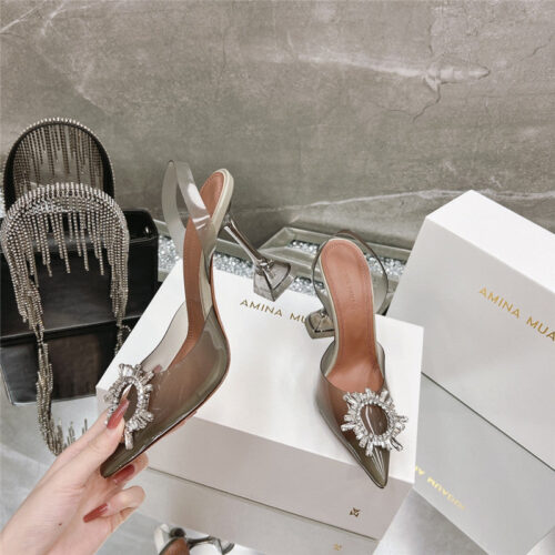 High Quality Luxury Amina Muaddi Rhinestone Buckle Heeled Slides – Style 49443 product detail