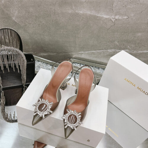 High Quality Luxury Amina Muaddi Rhinestone Buckle Heeled Slides – Style 49443 product detail