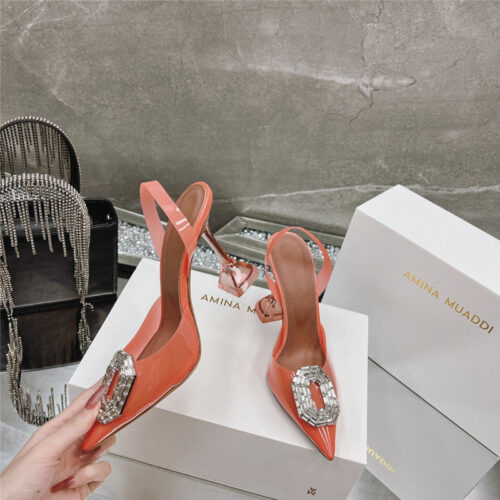 High Quality Luxury Amina Muaddi Rhinestone Buckle Heeled Sandals – Style 43811 alternate view