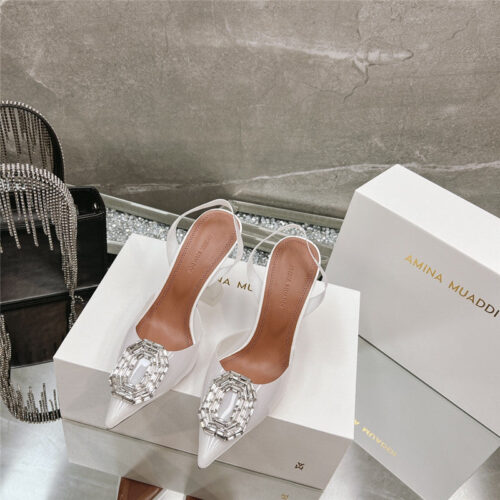 High Quality Luxury Amina Muaddi Rhinestone Buckle Heeled Sandals – Style 38723
