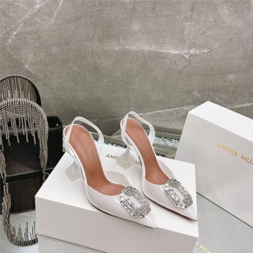 High Quality Luxury Amina Muaddi Rhinestone Buckle Heeled Sandals – Style 38723 alternate view
