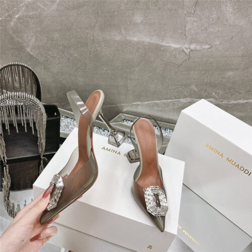 High Quality Luxury Amina Muaddi Rhinestone Buckle Heeled Sandals – Style 02563 product detail