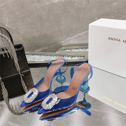 High Quality Luxury Amina Muaddi Rhinestone Buckle Heeled Sandals – Style 30243