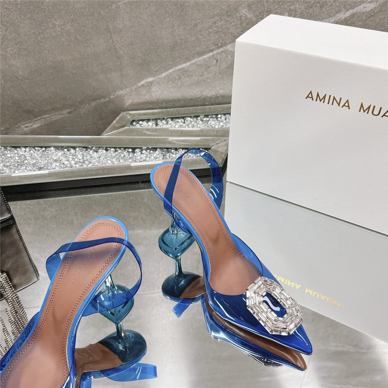 High Quality Luxury Amina Muaddi Rhinestone Buckle Heeled Sandals – Style 30243 product detail