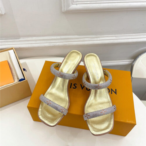 High Quality Luxury Louis Vuitton Square Toe Hot Diamond High-Heeled Slippers – Style 49603 product detail