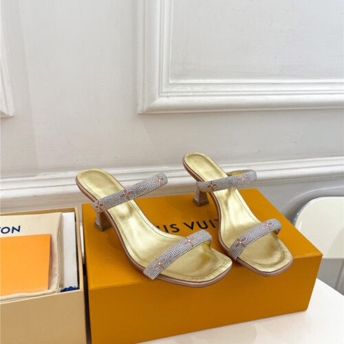 High Quality Luxury Louis Vuitton Square Toe Hot Diamond High-Heeled Slippers – Style 36035