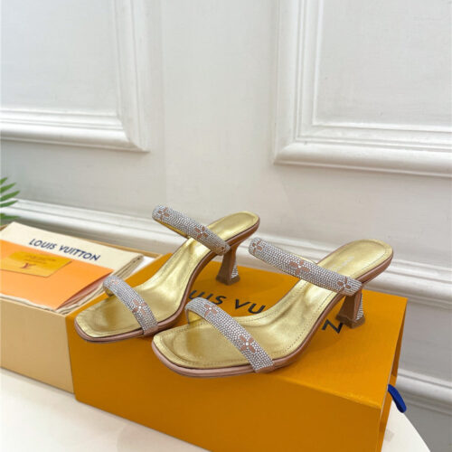 High Quality Luxury Louis Vuitton Square Toe Hot Diamond High-Heeled Slippers – Style 36035 alternate view