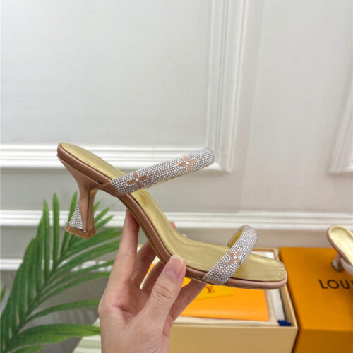 High Quality Luxury Louis Vuitton Square Toe Hot Diamond High-Heeled Slippers – Style 36035 product detail