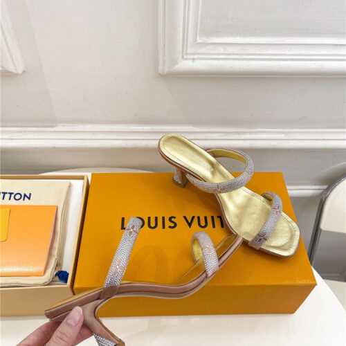 High Quality Luxury Louis Vuitton Square Toe Hot Diamond High-Heeled Slippers – Style 49603 product detail