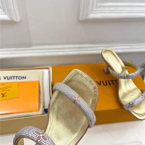 High Quality Luxury Louis Vuitton Square Toe Hot Diamond High-Heeled Slippers – Style 36035 product detail
