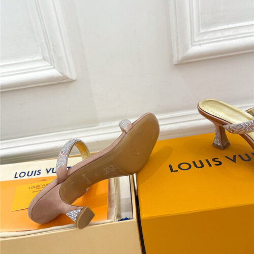 High Quality Luxury Louis Vuitton Square Toe Hot Diamond High-Heeled Slippers – Style 49603 product detail