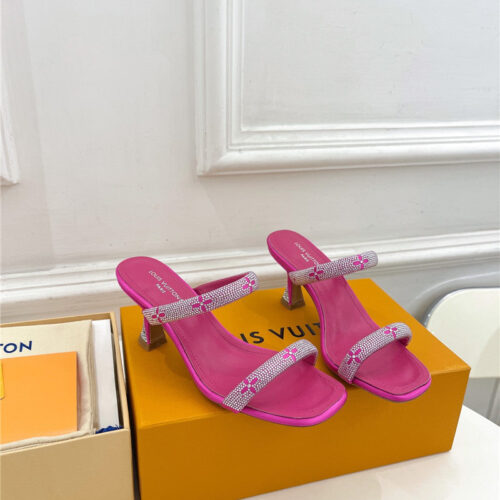 High Quality Luxury Louis Vuitton Square Toe Hot Diamond High-Heeled Slippers – Style 27555