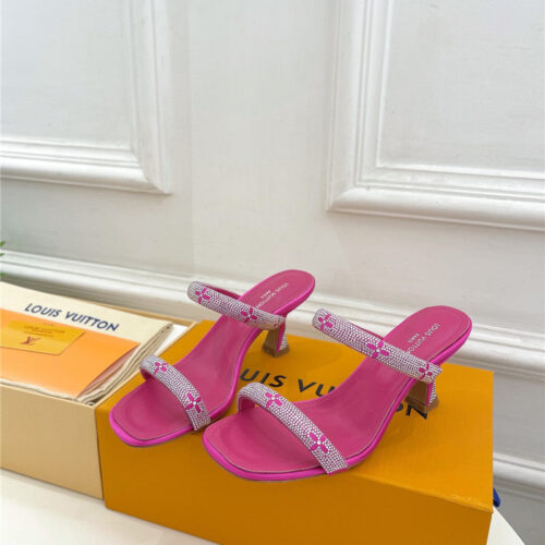 High Quality Luxury Louis Vuitton Square Toe Hot Diamond High-Heeled Slippers – Style 27555 product detail