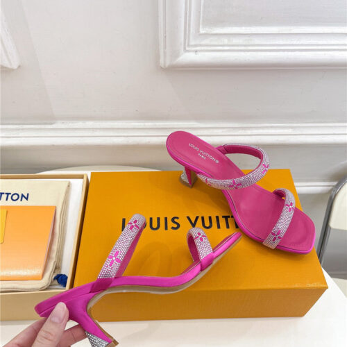 High Quality Luxury Louis Vuitton Square Toe Hot Diamond High-Heeled Slippers – Style 27555 product detail