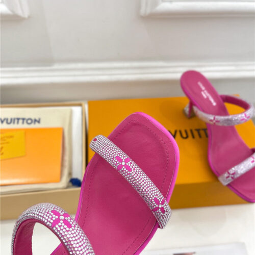 High Quality Luxury Louis Vuitton Square Toe Hot Diamond High-Heeled Slippers – Style 27555 product detail