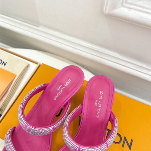 High Quality Luxury Louis Vuitton Square Toe Hot Diamond High-Heeled Slippers – Style 27555 product detail