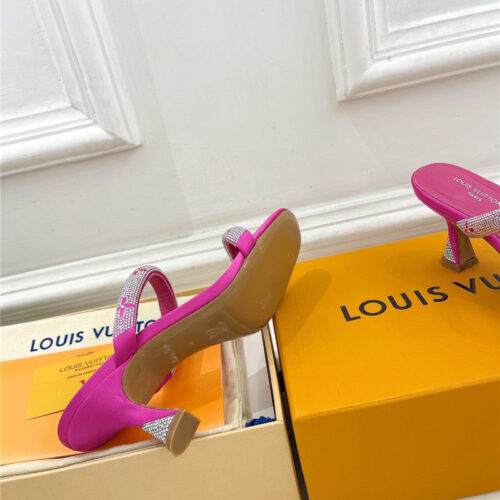 High Quality Luxury Louis Vuitton Square Toe Hot Diamond High-Heeled Slippers – Style 27555 product detail