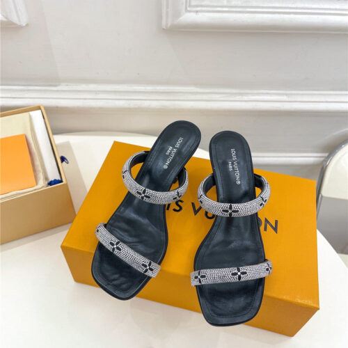 High Quality Luxury Louis Vuitton Square Toe Hot Diamond High-Heeled Slippers product detail